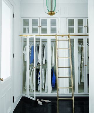 Glass closet with gold ladder and rails