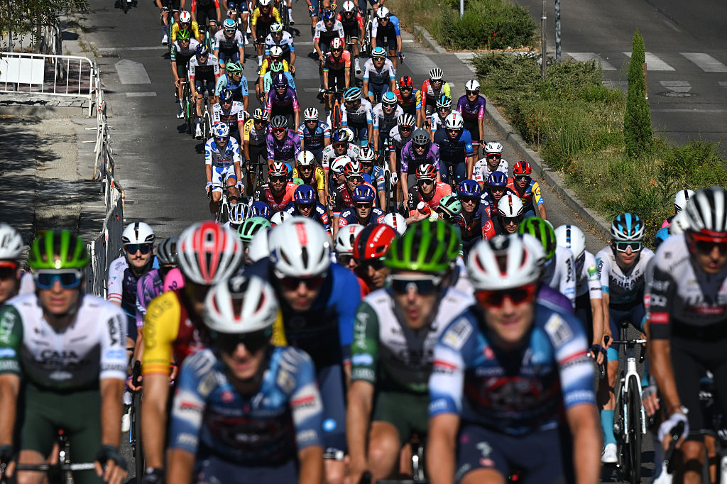 MADRID, SPAIN - SEPTEMBER 14: A general view of the peloton competing during the La Vuelta - 80th Tour of Spain 2025, Stage 21 a 108km stage from Alalpardo to Madrid / #UCIWT / on September 14, 2025 in Madrid, Spain. (Photo by Dario Belingheri/Getty Images)