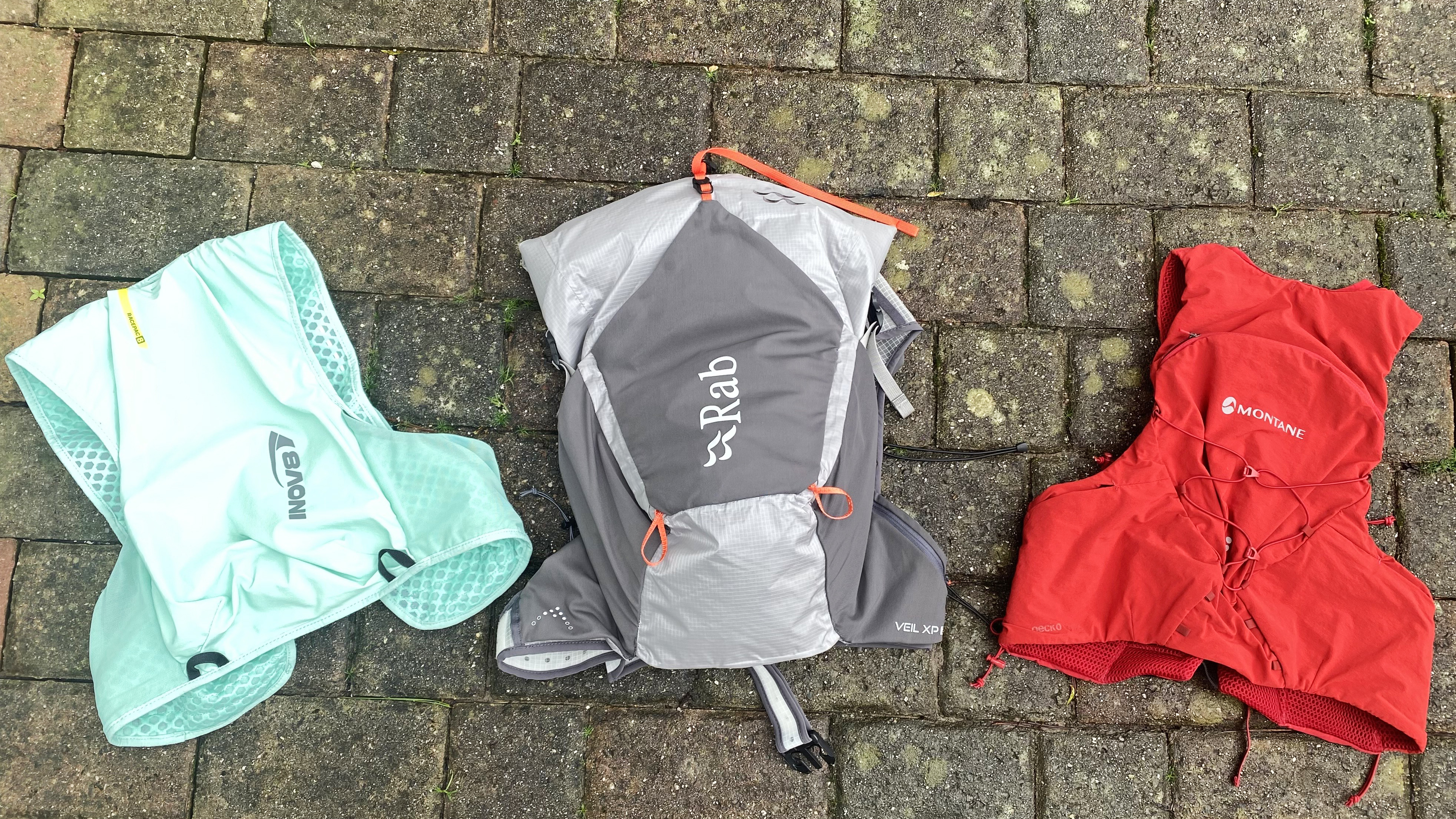 Three running packs arranged on the floor