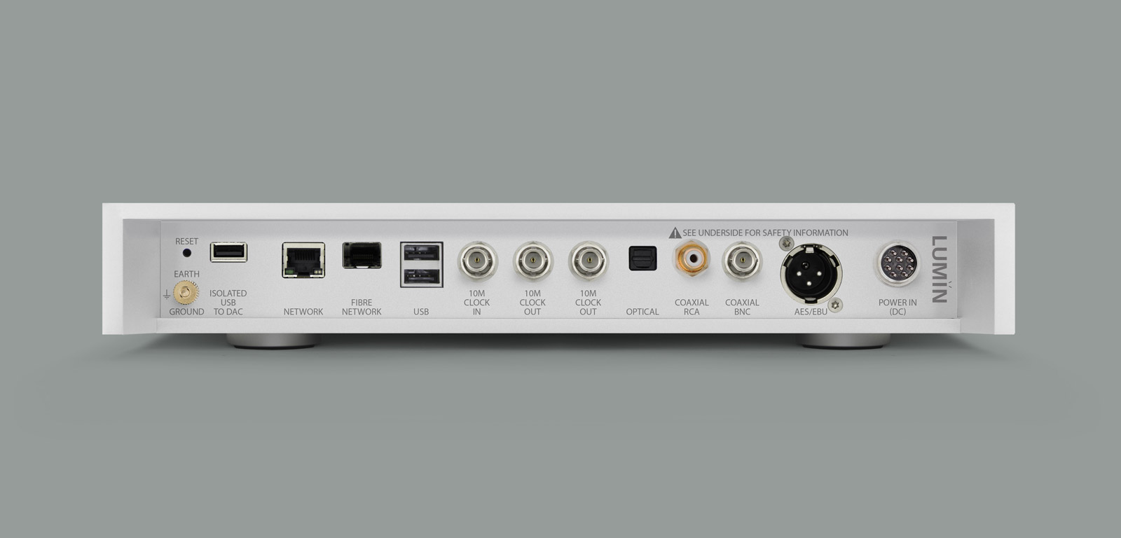 A rear view of the Lumin U2X network transport on a grey background