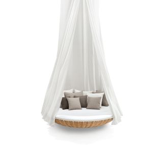 Swingrest hanging outdoor lounger with curtain and cushions