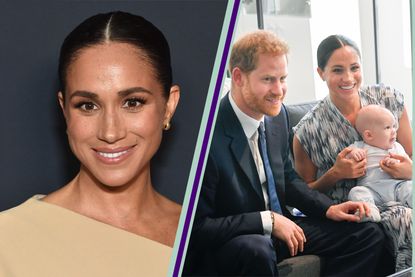 Meghan Markle portrait, split layout with Prince Harry, Meghan Markle and Prince Archie as a baby