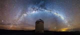 This image shows a view of the Warsaw Telescope, with the lighthouse-like Cepheid stars found in the OGLE survey marked in yellow.