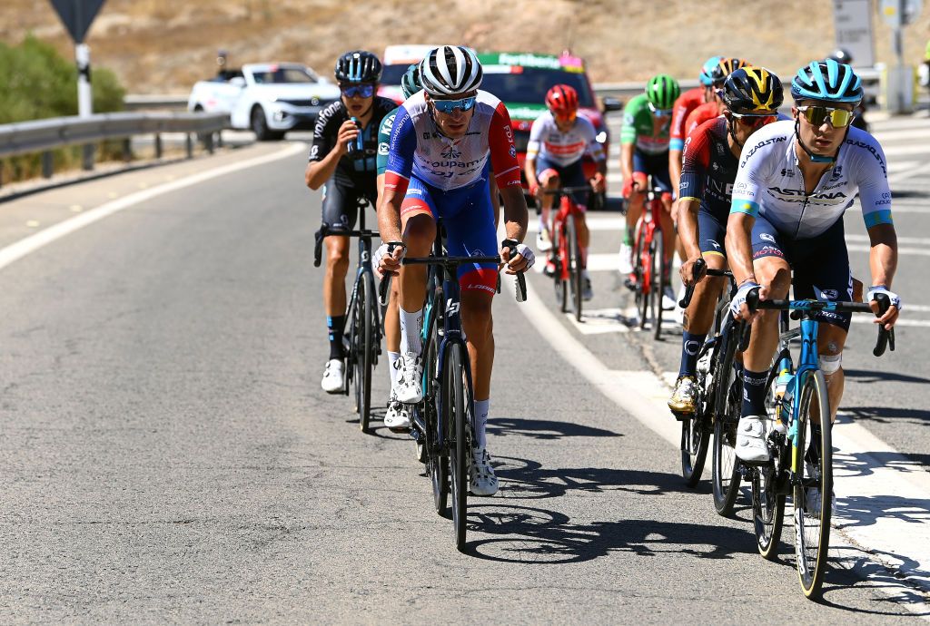 SIERRA DE LA PANDERA SPAIN SEPTEMBER 03 LR Bruno Armirail of France and Team Groupama FDJ and Alexey Lutsenko of Kazahkstan and Team Astana Qazaqstan compete in the breakaway during the 77th Tour of Spain 2022 Stage 14 a 1603km stage from Montoro to Sierra de La Pandera 1815m LaVuelta22 WorldTour on September 03 2022 in Sierra de La Pandera Spain Photo by Tim de WaeleGetty Images