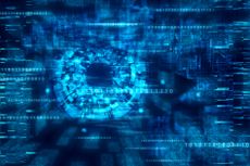 Cyber criminal concept art featuring a digitized eye on a binary code background