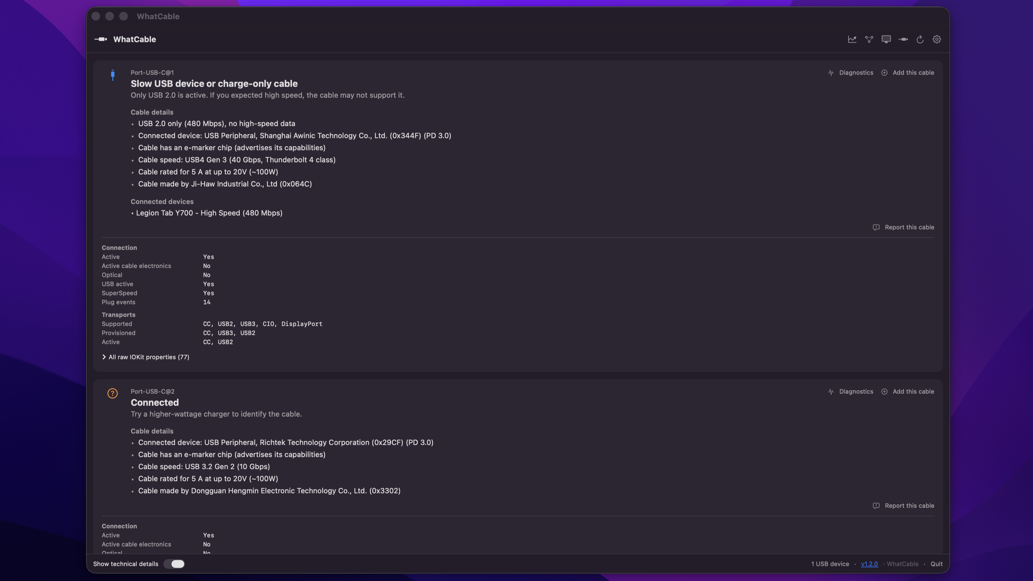 A screenshot showing the WhatCable app running on a Mac with the technical details of its cable testing expanded