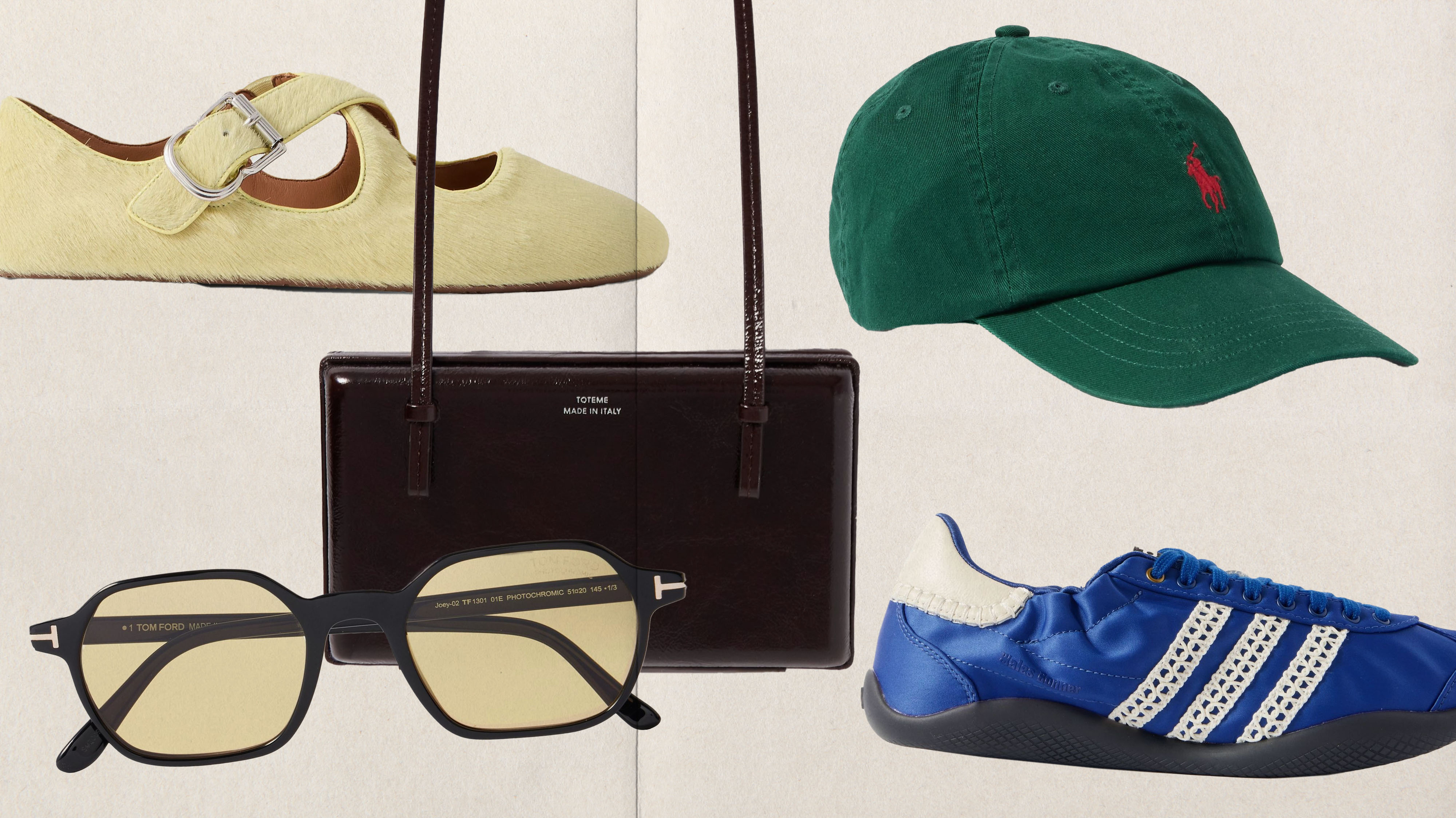 Collage of adidas sneakers, polo cap, sunglasses, alaia flats, and toteme bag