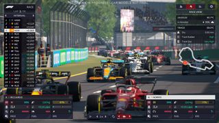 F1 cars racing with a bunch of data on screen. 