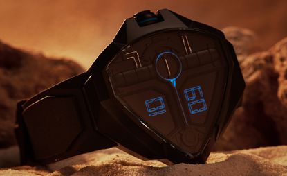 Hamilton Ventura Edge Dune watch, black with blue markings, with desert backdrop, inspired by Hamilton’s Dune: Part Two collaboration