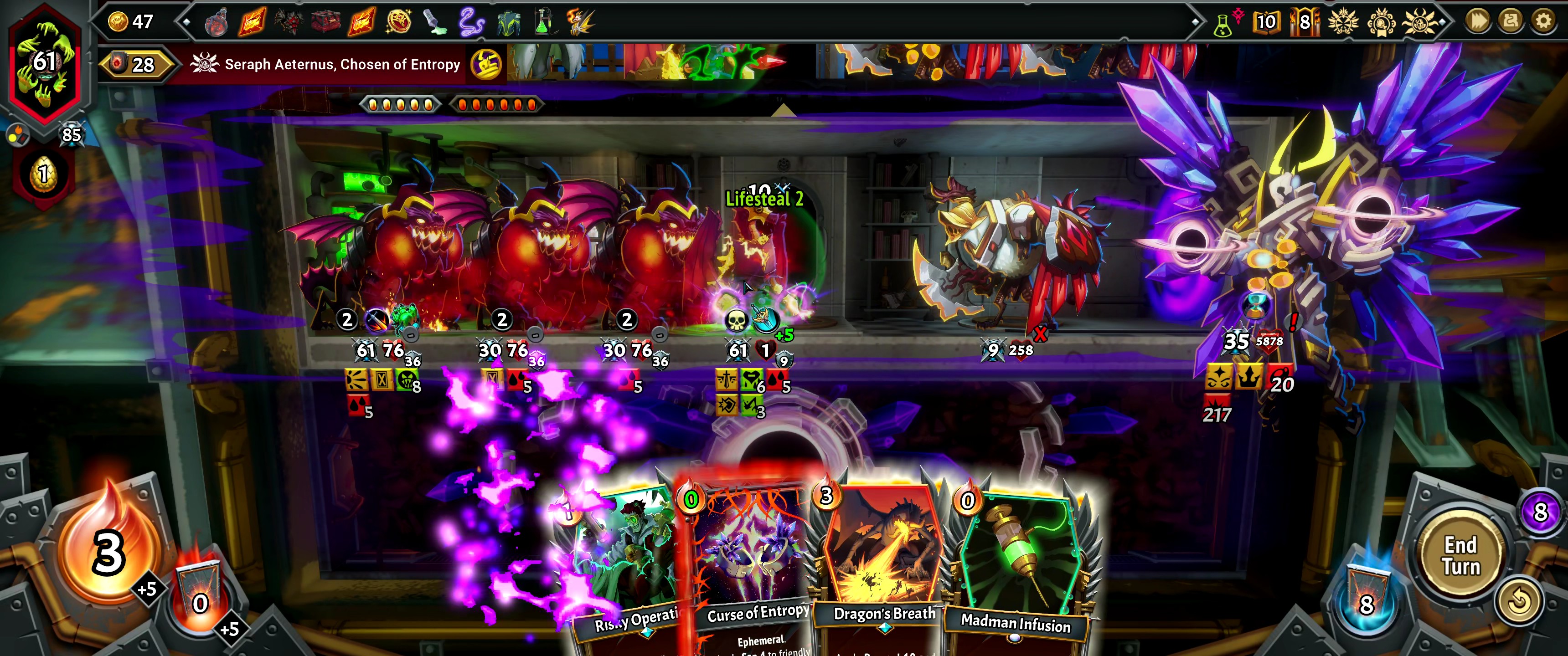 Monster Train 2 showing 3 hotheads on a single floor defeating entropy seraph