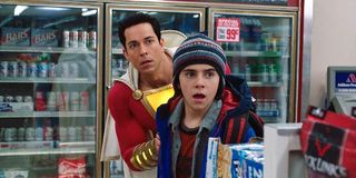 Shazam Zachary Levi and Jack Dylan Grazer watching the robbery in the convenience store