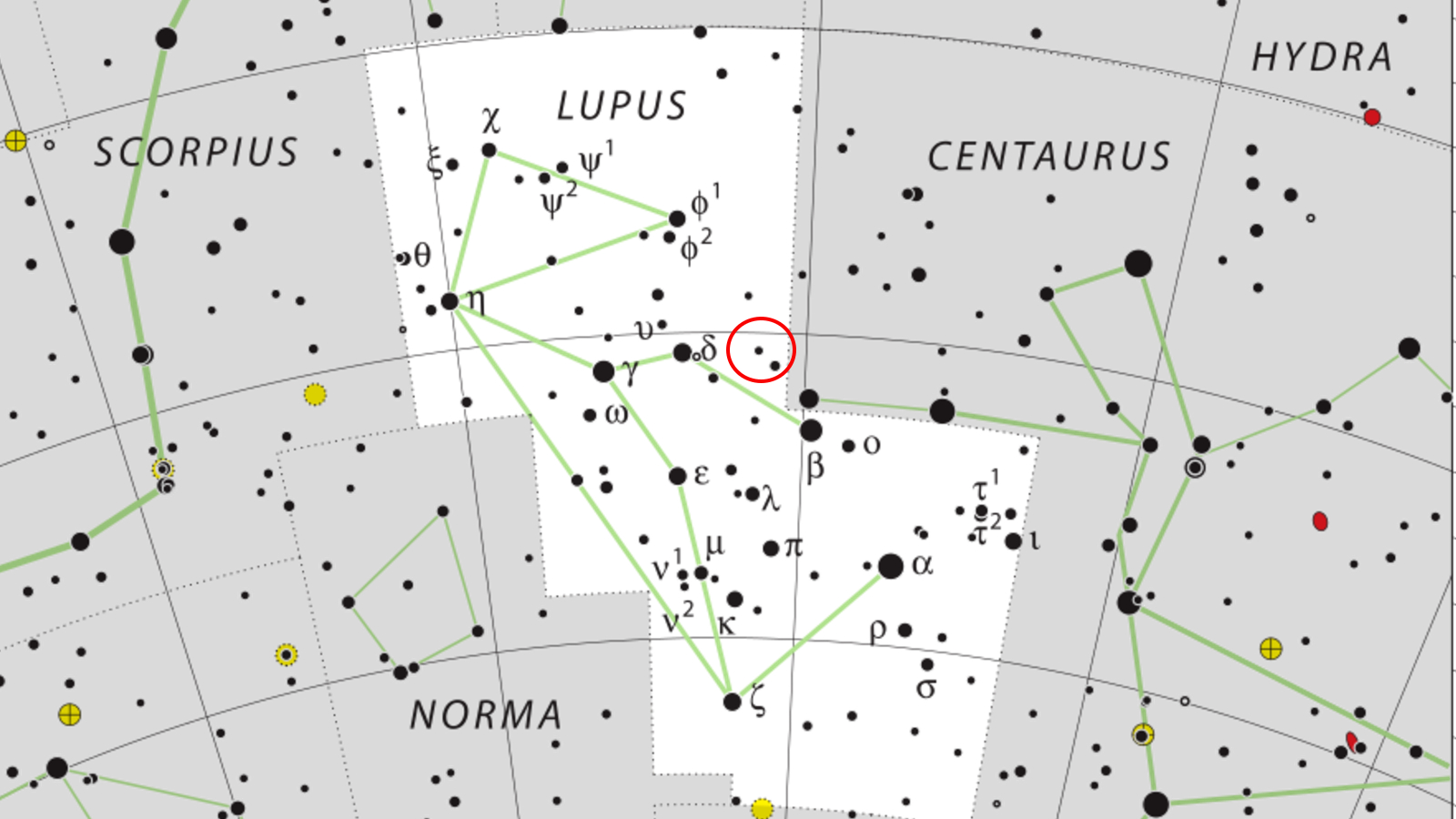 A chart of the constellation Lupus with a circle where the nova has appeared