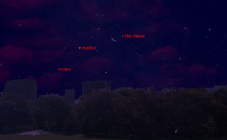 This sky map shows the locations of Jupiter, Mars and the moon just before dawn on Aug. 3, 2013 as seen from mid-northern latitudes.