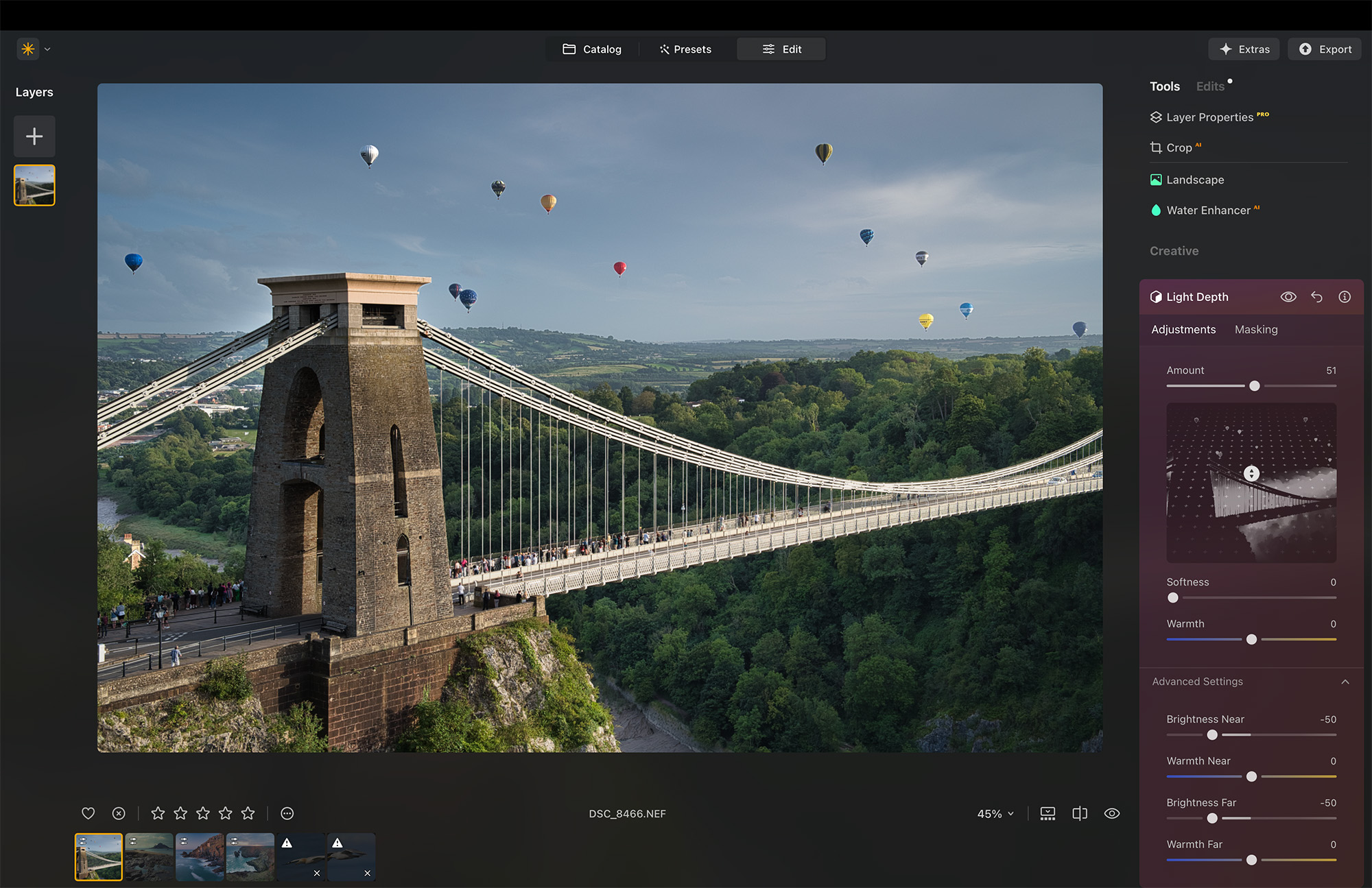 Screenshot from Luminar Neo showing suspension bridge