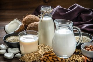 a drinking glass, a bottle and a jug filled with fresh organic vegan milks surrounded by oat flakes, soy beans, quinoa seeds, rice grains, spelt grains, hazelnuts, almonds and coconuts pieces