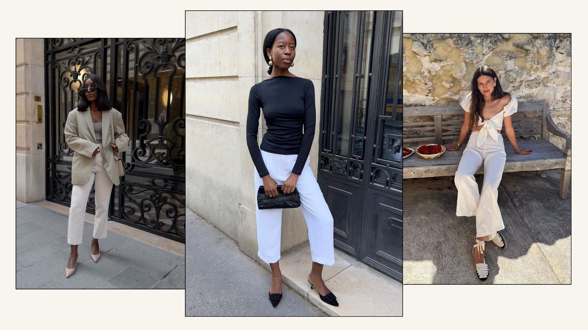 French influencers wear white cropped trousers with blazers, black tops and white blouses.