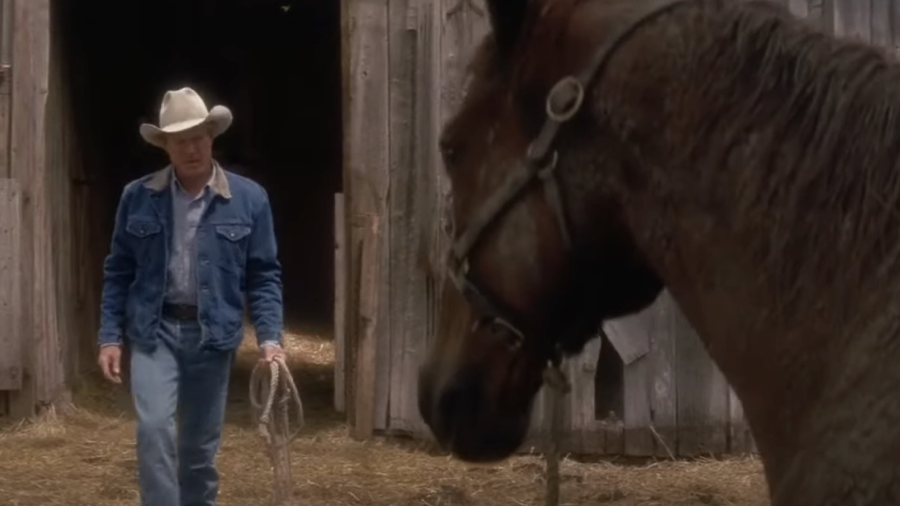 Robert Redford approaching Pilgrim in The Horse Whisperer