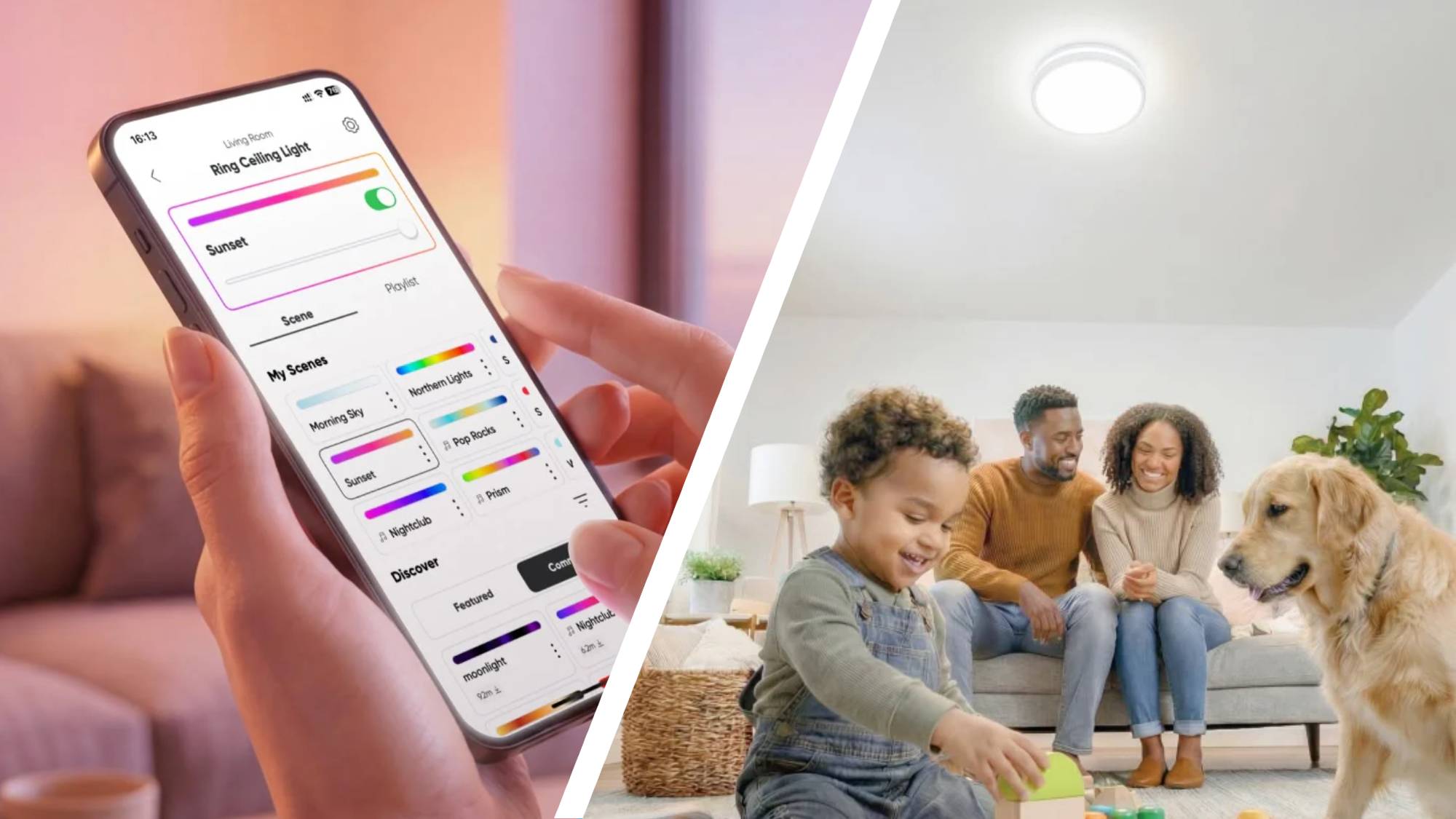 A smartphone with the Nanoleaf app next to a family playing under the Nanoleaf ceiling light