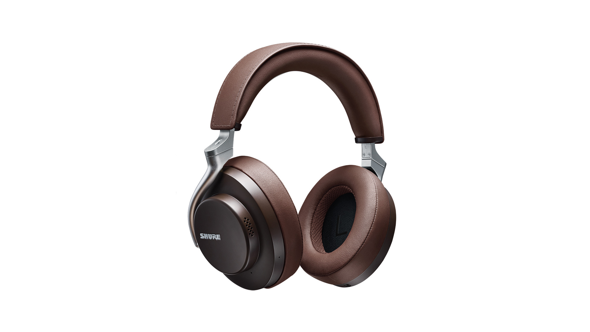 The shure aonic 50 noise cancelling headphones in brown on a white background.