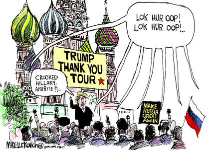 Political cartoon U.S. Donald Trump Russia Thank you tour