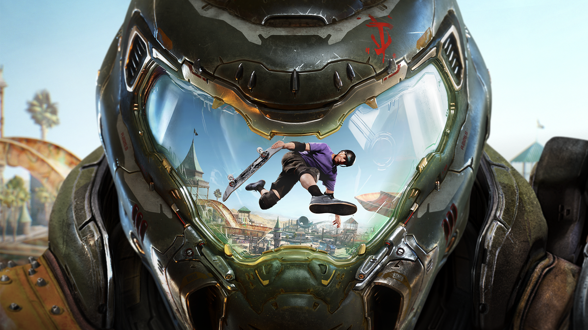 Tony Hawk&#039;s Pro Skater 3+4 promo image featuring the Doom Slayer glaring at Tony