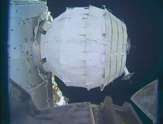 The inflatable Bigelow Expandable Activity Module is seen fully inflated on the International Space Station after being successfully expanded to its full size on May 28, 2016. The Bigelow Aerospace-built BEAM is a prototype space habitat for future space 