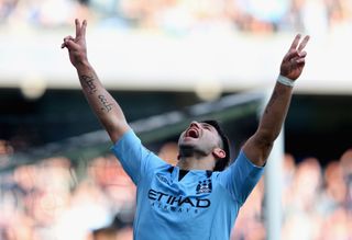 Sergio Aguero celebrates after scoring for Manchester City against Leeds United in the FA Cup in February 2013.