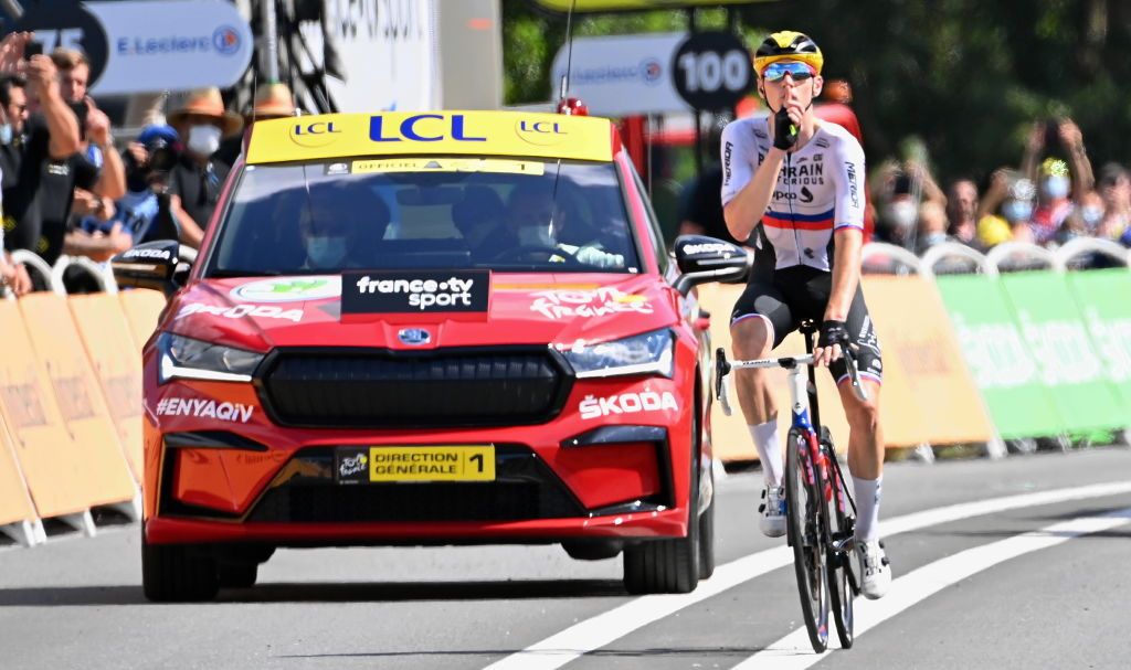 Slovenian Matej Mohoric of Bahrain Victorious celebrates as he crosses the finish line to win stage 19 of the 108th edition of the Tour de France cycling race from Mourenx to Libourne 207 km in France Friday 16 July 2021 This years Tour de France takes place from 26 June to 18 July 2021 BELGA PHOTO PETE GODING Photo by PETE GODINGBELGA MAGAFP via Getty Images
