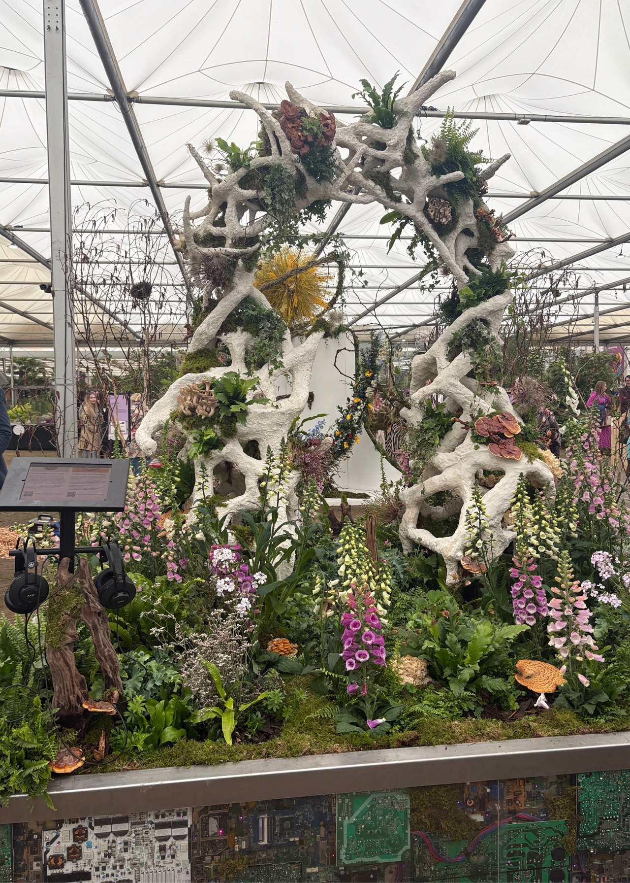 A floral display at the Chelsea Flower Show 2026 with an audio synthesizer