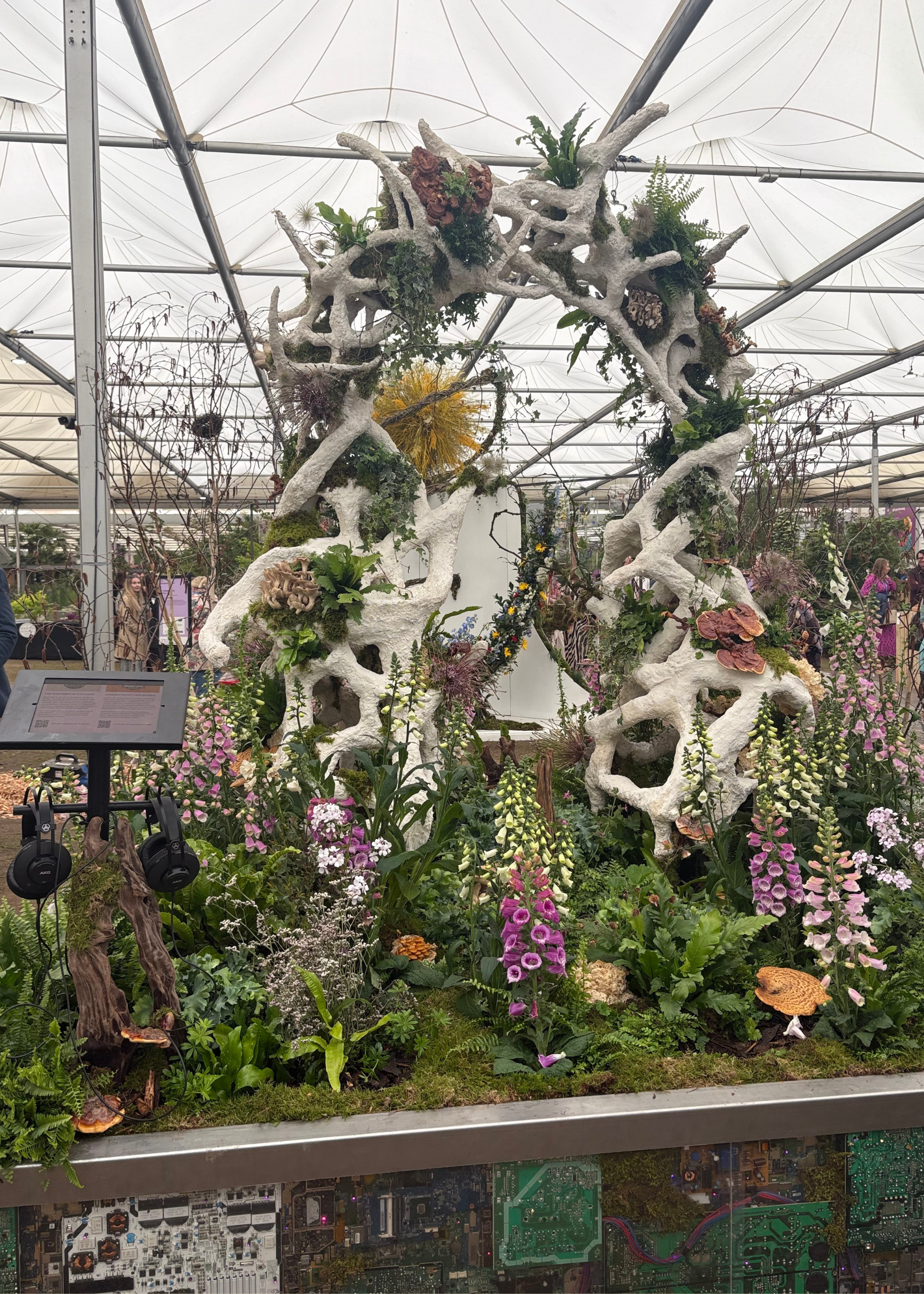 A floral display at the Chelsea Flower Show 2026 with an audio synthesizer