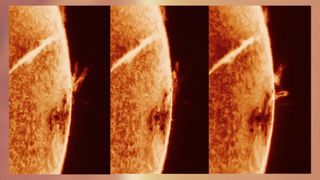 three side by side images show a close up view of the sun where it looks like large fiery tendrils are lashing out from the solar surface. A huge darker region on the surface marks the location of the sunspot region.