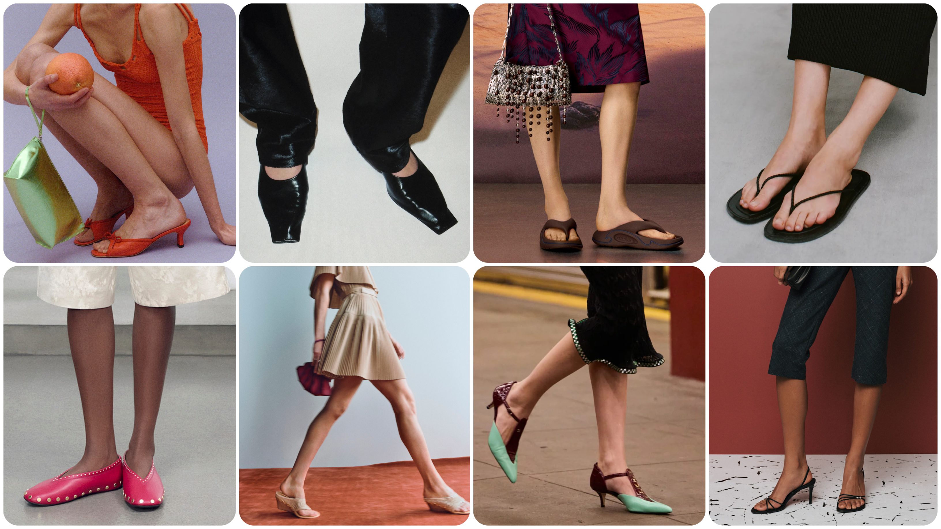 a collage of summer shoe trends 2026 at Rachel Comey, Khaite, Rabanne, Fforme, Ganni, Ulla Johnson, Chanel, Christopher Esber