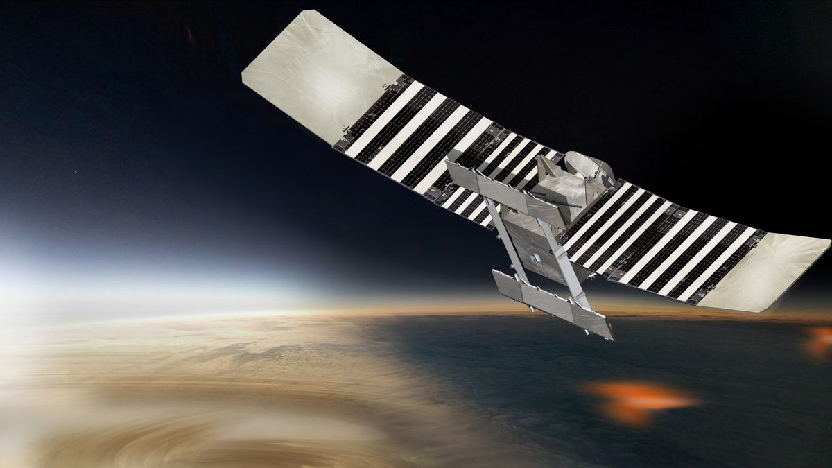 an illustration of a spacecraft in orbit above venus with its solar panel arrays extended