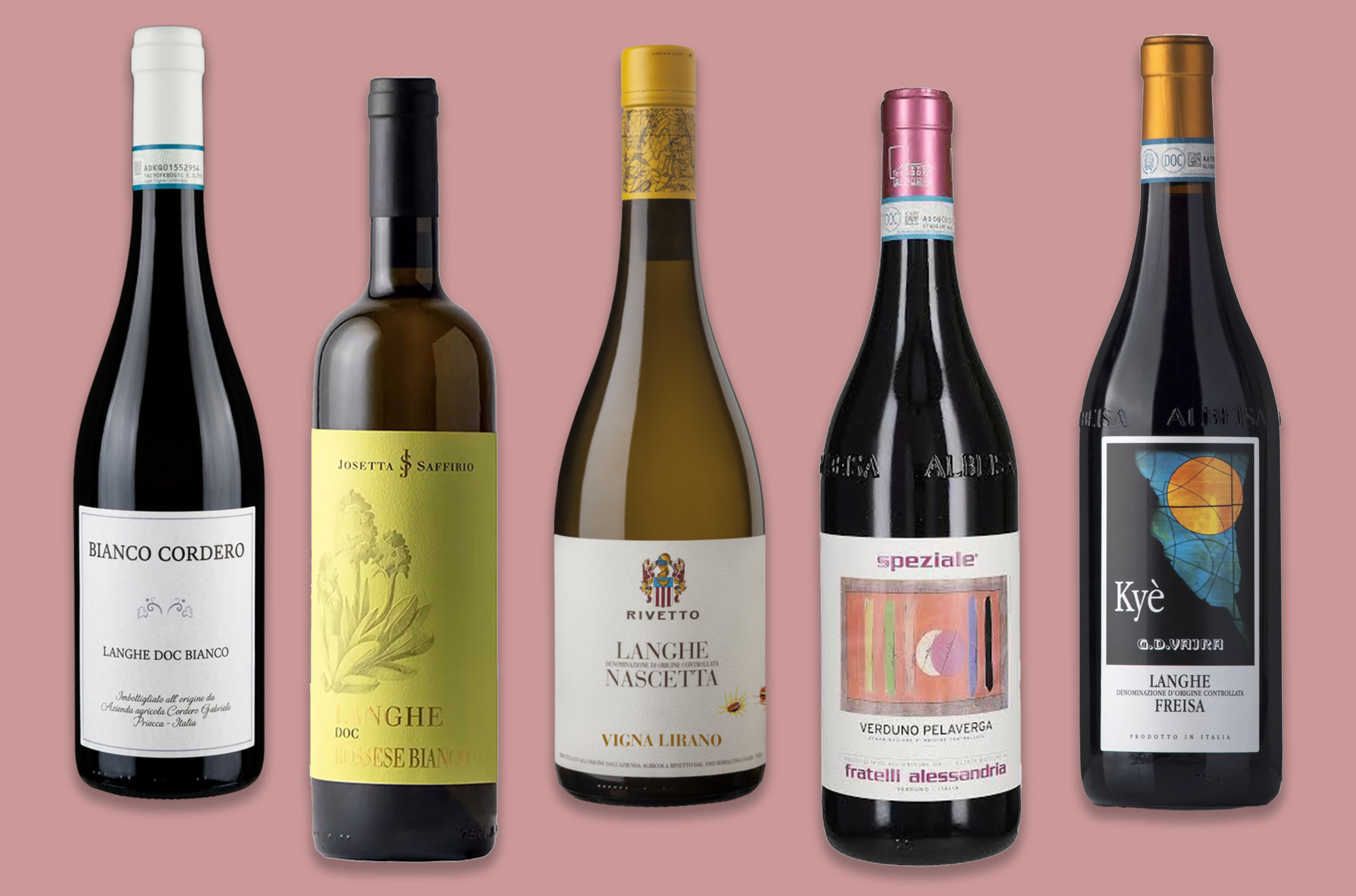 Bottles of Piedmont wine on a pink background