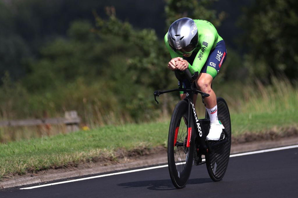STIRLING SCOTLAND AUGUST 11 Tadej Pogaar of Slovenia sprints during the Men Elite Individual Time Trial a 478km race from Stirling to Stirling at the 96th UCI Cycling World Championships Glasgow 2023 Day 9 UCIWT on August 11 2023 in Stirling Scotland Photo by Dean MouhtaropoulosGetty Images