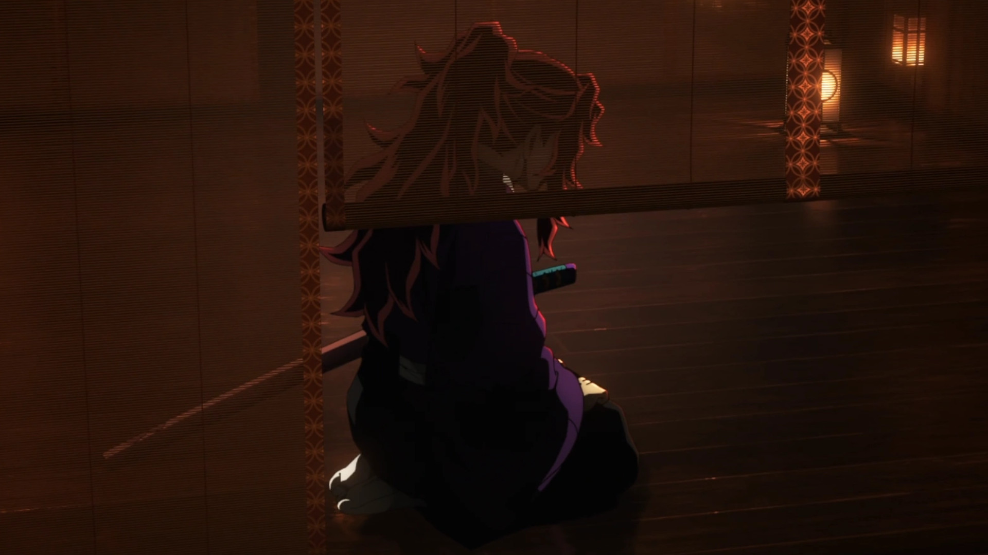 Kokushibo sitting behind a screen getting yelled at by Muzan during Demon Slayer