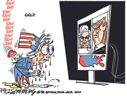 Political cartoon U.S. 2016 election suspense