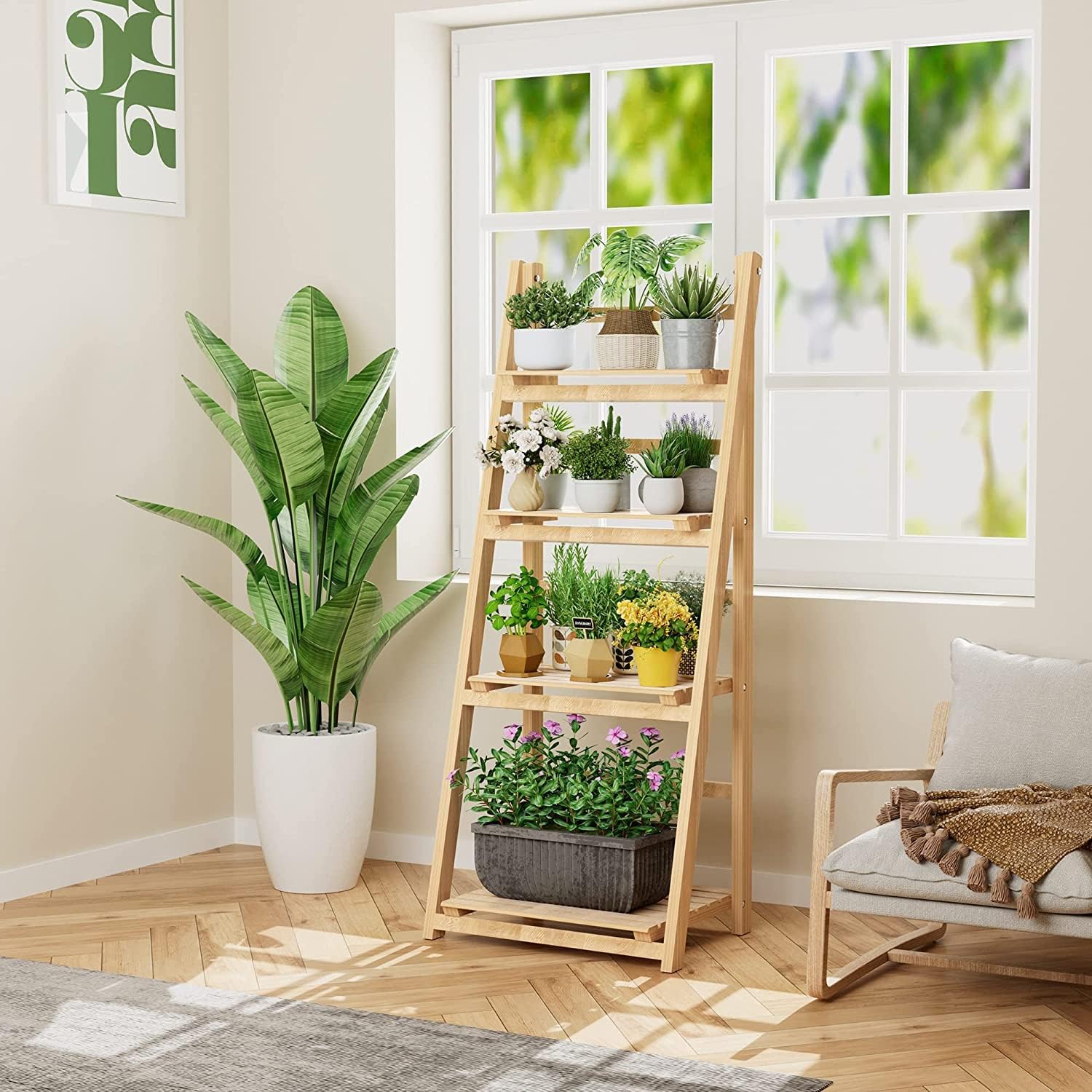Homidec Plant Stand, 4 Tier Wooden Ladder Shelf Foldable Display Flower Plant Stands, Free Installation Plant Stands Indoor Corner Storage Shelves Bookshelf for Garden Balcony Living Room, Natural