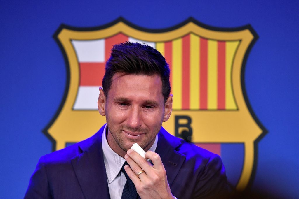 Barcelona&#039;s Argentinian forward Lionel Messi cries during a press conference at the Camp Nou stadium in Barcelona on August 8, 2021. - The six-time Ballon d&#039;Or winner Messi had been expected to sign a new five-year deal with Barcelona on August 5 but instead, after 788 games, the club announced he is leaving at the age of 34. (Photo by Pau BARRENA / AFP) (Photo by PAU BARRENA/AFP via Getty Images)