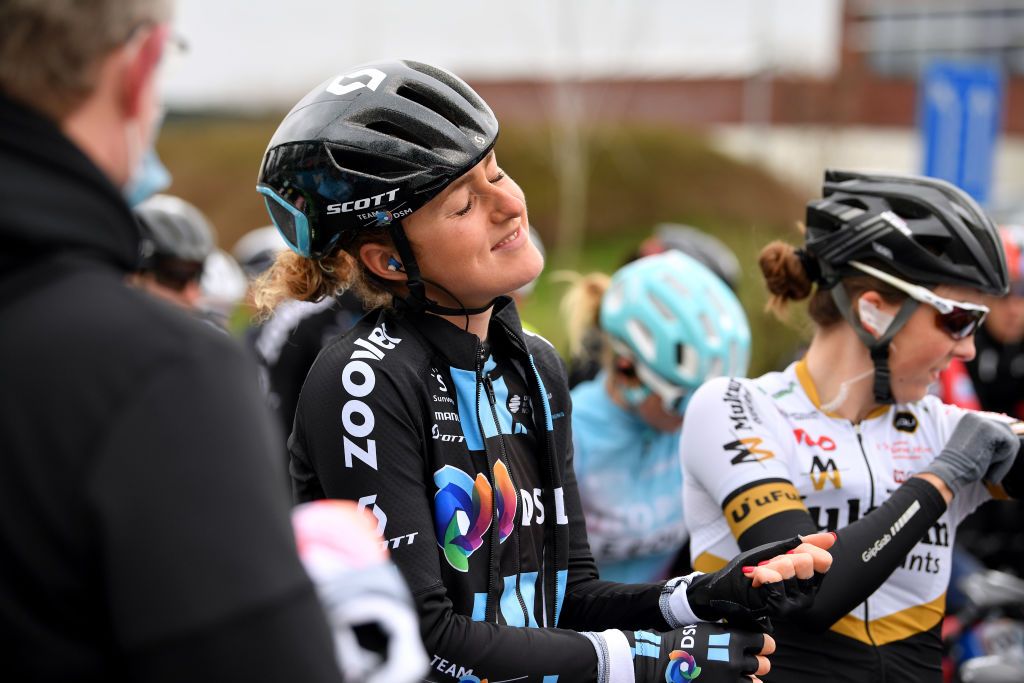 NOKERE BELGIUM MARCH 17 Start Floortje Mackaij of Netherlands and Team DSM during the 3rd Nokere Koerse Danilith Classic 2021 Womens Elite a 124km race from Deinze to Nokere NokereKoerse on March 17 2021 in Nokere Belgium Photo by Mark Van HeckeGetty Images