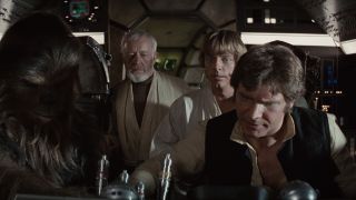 Chewie, Obi-Wan, Han, and Luke in the cockpit of the Millennium Falcon