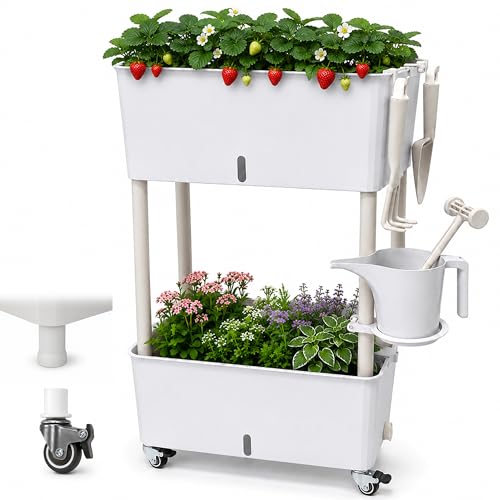 2-Tier 27.8"h Rolling Raised Garden Bed With Wheels, Self Watering Planter Box With Visible Water Level, Gray Rustproof Plastic Herb &amp;amp; Strawberry Planter for Indoor Outdoor Vegetables Flowers, Diy Kit