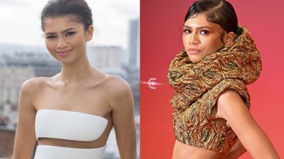 Zendaya wearing a white strapless cut out gown for Dune: Part 2 press day