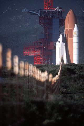 The Space Shuttle Enterprise in launch position on the Space Launch Complex (SLC) #6 at Vandenberg Air Force Base.