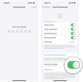 Use Face ID with a Mask on iPhone: Enter passcode, tap toggle for Face ID with a Mask