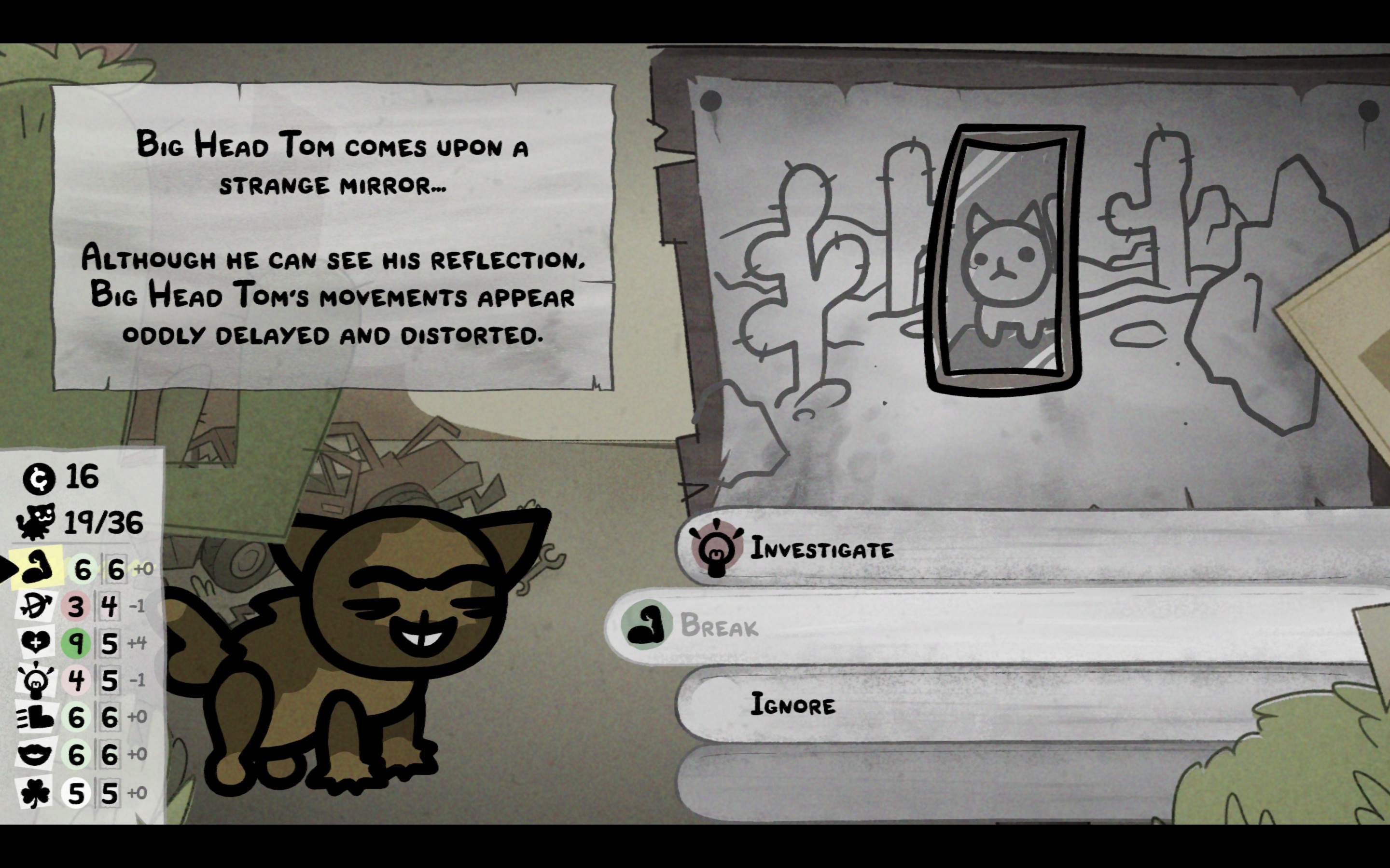 A cat discovering a strange mirror during an event in Mewgenics.