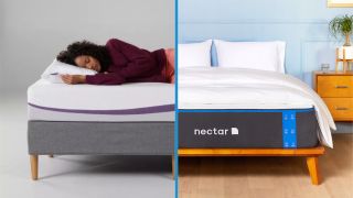 Purple Original mattress side by side with a Nectar Memory Foam mattress