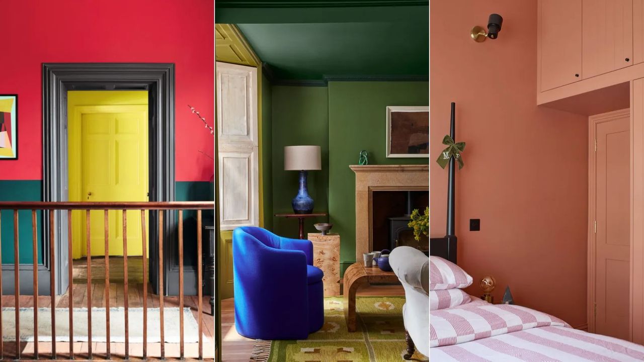 bright red and yellow hallway, tonal dark green living room with dark blue chair, brick red bedroom