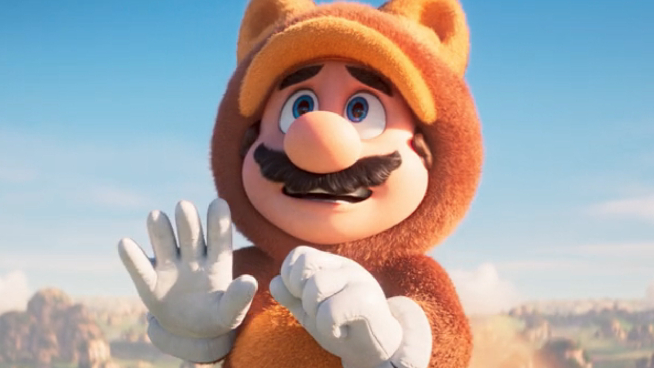 Mario in Tanooki suit in The Super Mario Bros. Movie