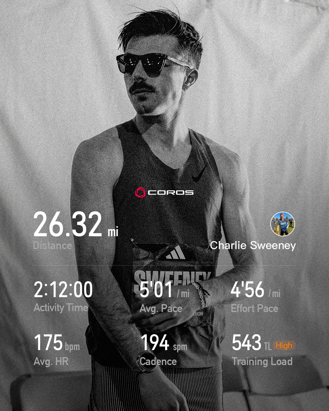 COROS exported workout results for a partnered runner at the Boston Marathon.